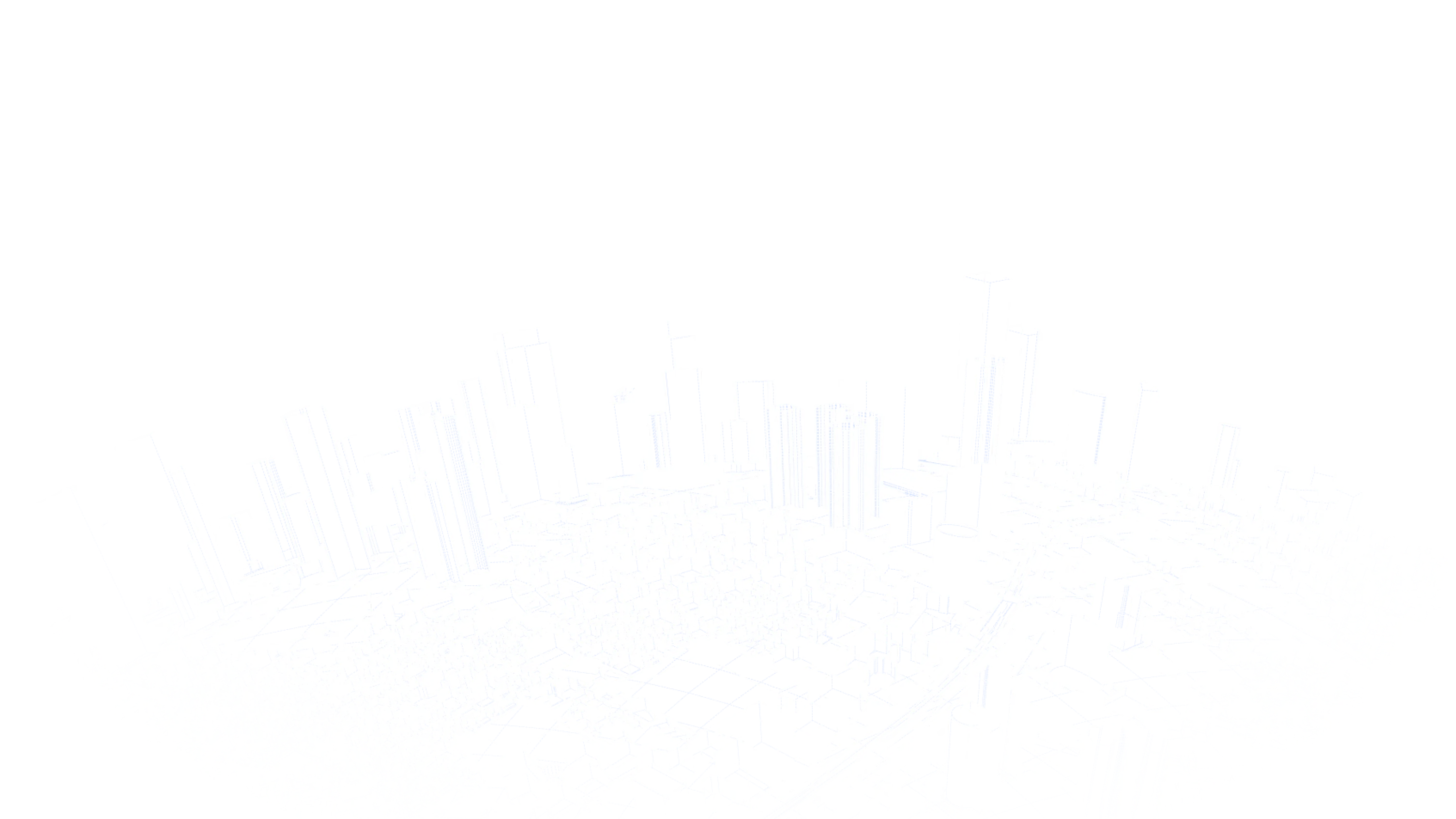 球面上の都市を白いワイヤーフレームで表した俯瞰の3Dイラスト。黒背景